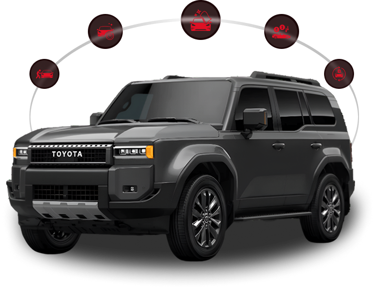 Matte black Toyota SUV with dark tinted windows, surrounded by icons representing various automotive services such as wheel protection, interior detailing, ceramic coating, and undercarriage care.