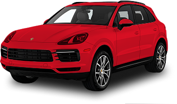 Red Porsche SUV with a sleek, modern design and black trim details, viewed from the front side angle.