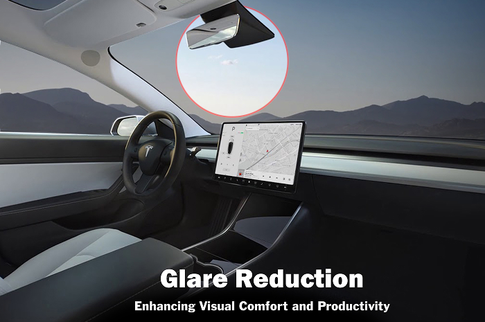 Interior of a Tesla highlighting reduced glare through tinted windows, with a circled view in the rearview mirror showing sunlight intensity. Text overlay reads “Glare Reduction – Enhancing Visual Comfort and Productivity.”