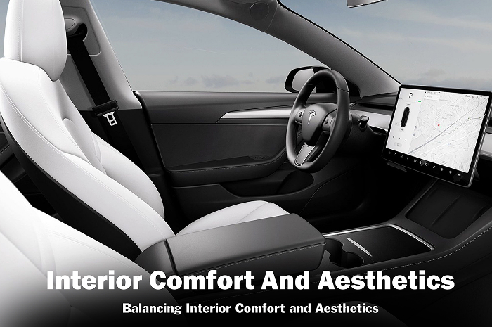 Interior of a Tesla with white leather seats and tinted windows, showcasing a clean, modern design. Text overlay reads “Interior Comfort and Aesthetics – Balancing Interior Comfort and Aesthetics.”