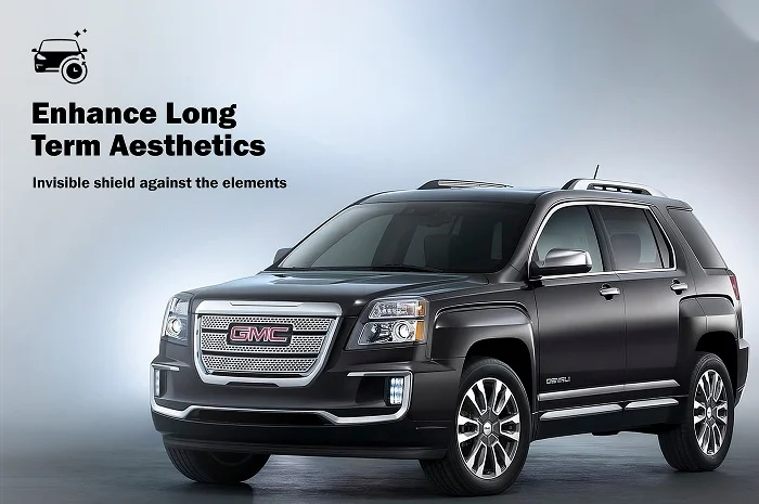 Sleek black GMC Denali SUV with a glossy finish, parked indoors under soft lighting, next to text that reads "Enhance Long Term Aesthetics – Invisible shield against the elements."