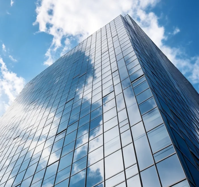 Tall glass skyscraper reflecting a bright blue sky with white clouds, viewed from a low angle looking up along its mirrored façade.