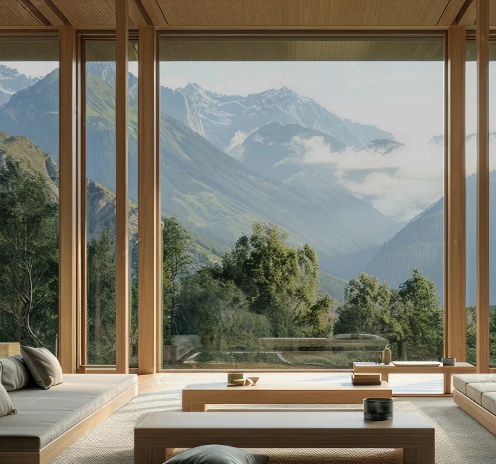 Modern living space with floor-to-ceiling glass windows offering a breathtaking panoramic view of lush green hills and snow-capped mountains partially covered in mist.