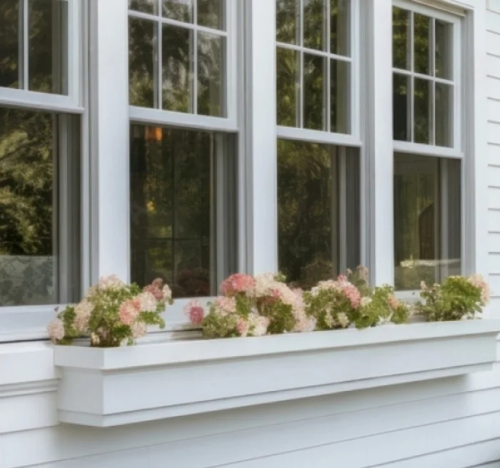 White-framed double-hung windows on a house exterior with a white flower box filled with light pink and white blossoms, set against a backdrop of greenery reflected in the glass.