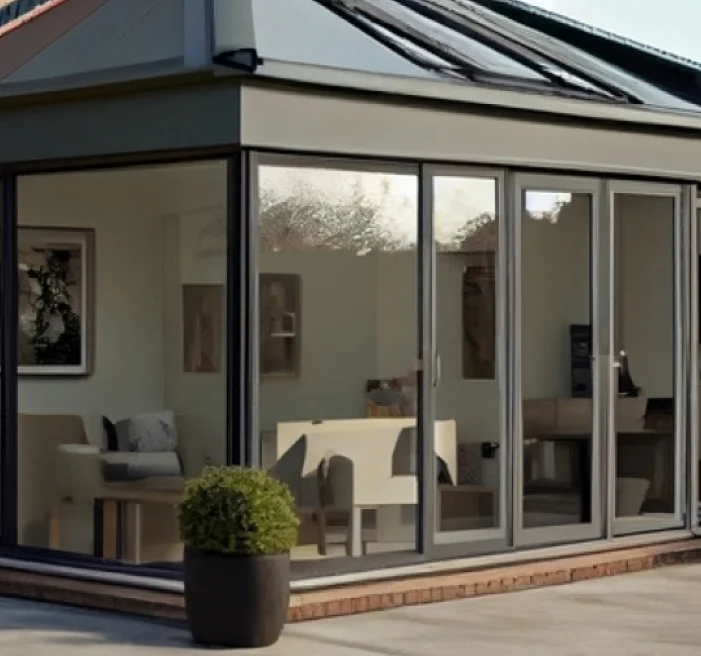 Modern sunroom extension with large sliding glass doors and windows, revealing a cozy interior with neutral-toned furniture and wall art, and a potted shrub on the patio outside.