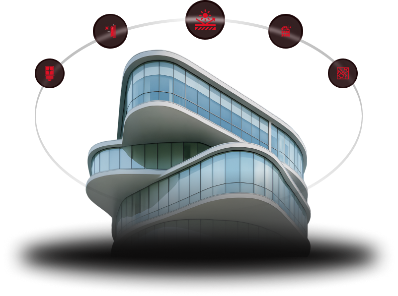 Futuristic glass building with sleek, curved architecture, surrounded by a circular arc featuring five red icons representing various protective or smart technologies like UV protection, security, insulation, and privacy.