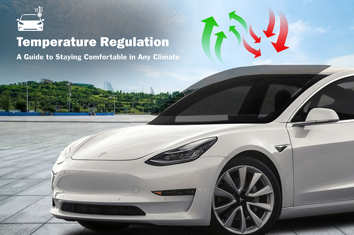 White Tesla with tinted windows shown blocking red heat waves and allowing green cool air to circulate. Text overlay reads “Temperature Regulation – A Guide to Staying Comfortable in Any Climate.”