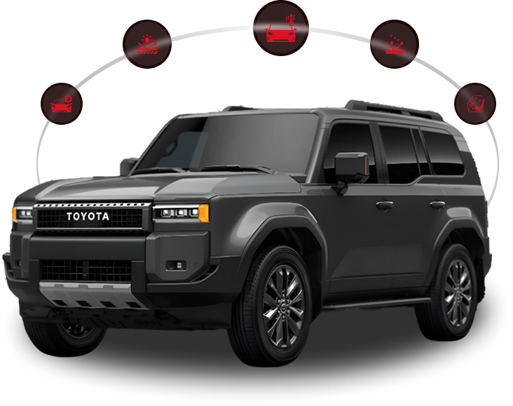 Matte black Toyota SUV with tinted windows, surrounded by icons illustrating services like UV protection, paint protection film, ceramic coating, and detailing.