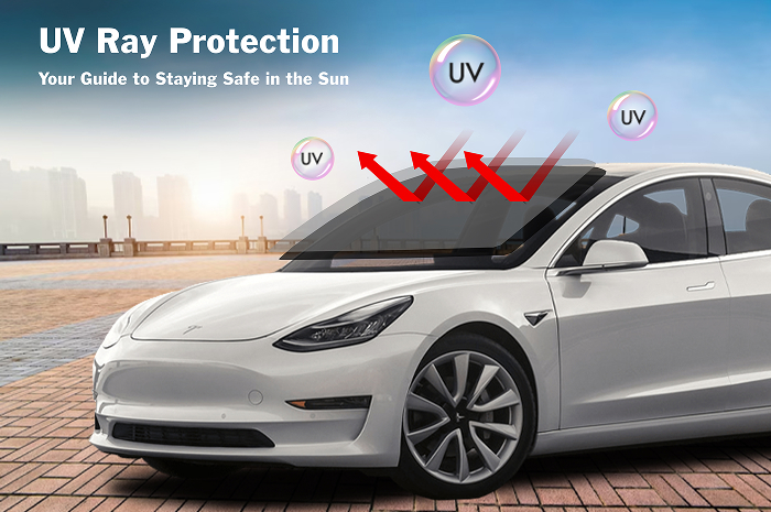 White Tesla parked under a clear sky with UV bubbles and red arrows illustrating UV rays being blocked by tinted windows. Text overlay reads “UV Ray Protection – Your Guide to Staying Safe in the Sun.”