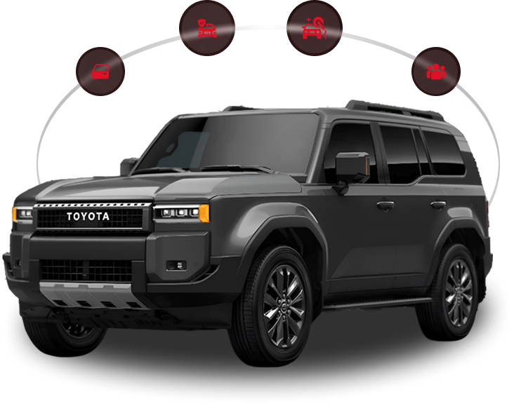 Matte black Toyota SUV with tinted windows, surrounded by icons symbolizing car customization and protection services like window tinting, air purification, detailing, and comfort enhancements.
