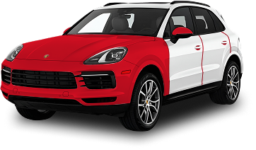 A Porsche SUV shown in a two-tone color scheme with the front half in red and the rear half in white, highlighting a custom paint or wrap design.