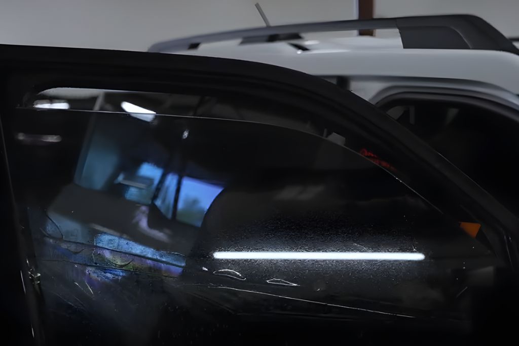 A close-up of a vehicle’s rear side window during the tinting process, with dark film partially applied and a heat gun reflecting in the glass. Another vehicle is visible in the background inside the tinting workshop in Caldwell, Idaho.