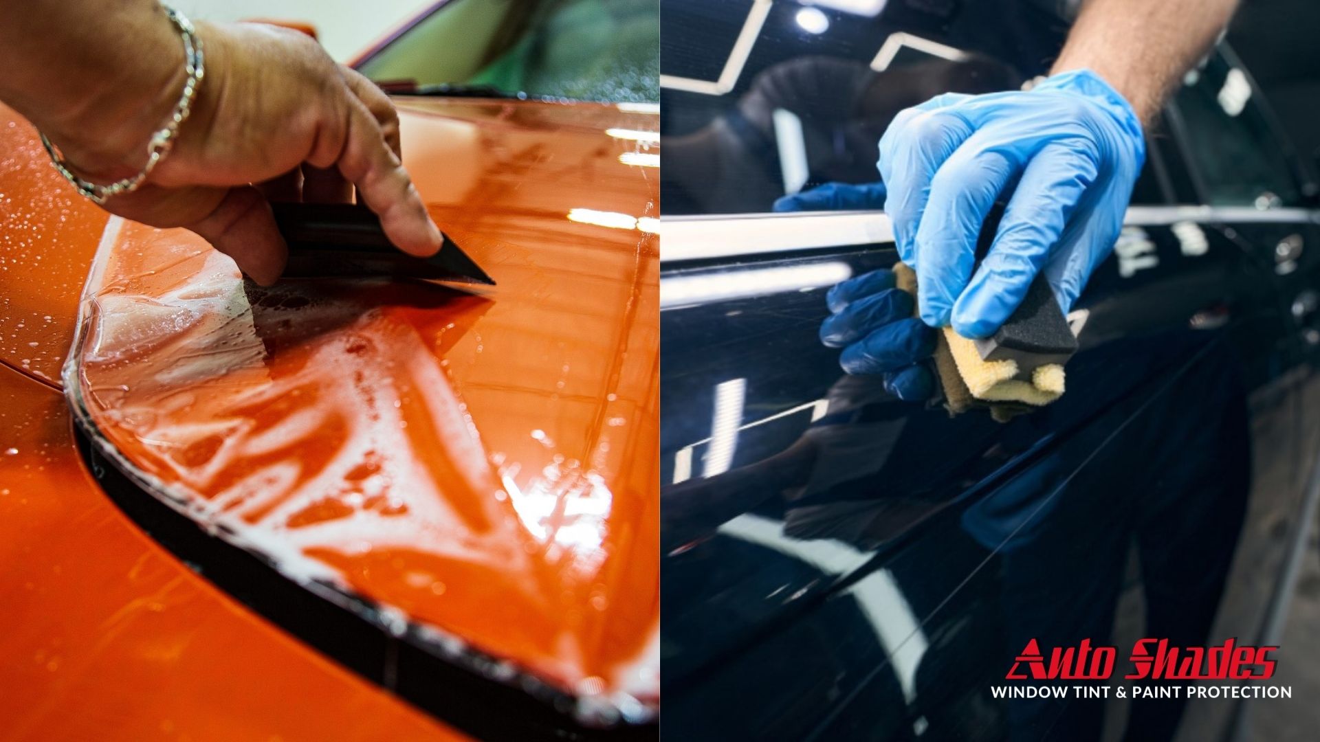 Close-up of a technician applying paint protection film to an orange car on the left, and a gloved hand applying ceramic coating to a black car door on the right.