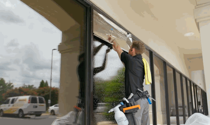 A technician installs commercial window tint along the top edge of a large storefront window using a squeegee. Water droplets cover the glass as the tint is carefully aligned to create a smooth and even finish.